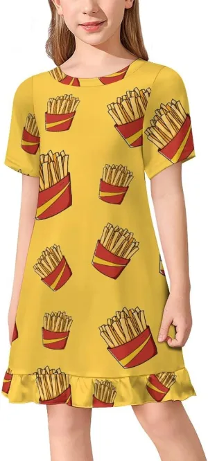 French Fries Potato Girls' Short Sleeve Summer Dress Kids Crewneck Loose Casual Dresses 140CM