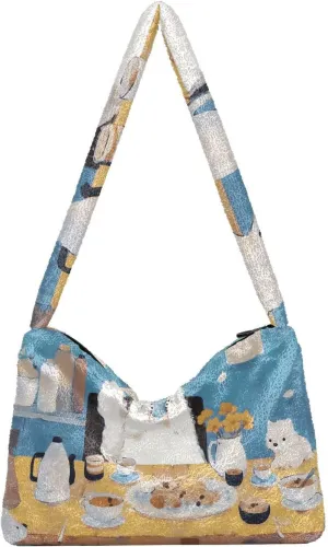 GAIGEO Retro Yellow Abstract Moon Cat Lady Shoulder Bag, Crossbody Bookbag for Women, Womens Outdoor Bag