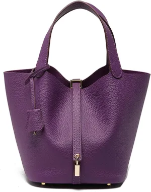 Genuine Leather Soft Bucket Bag for Women Fashion Lock Design Handbags Vegetable Basket Satchel with Top Handle Bags