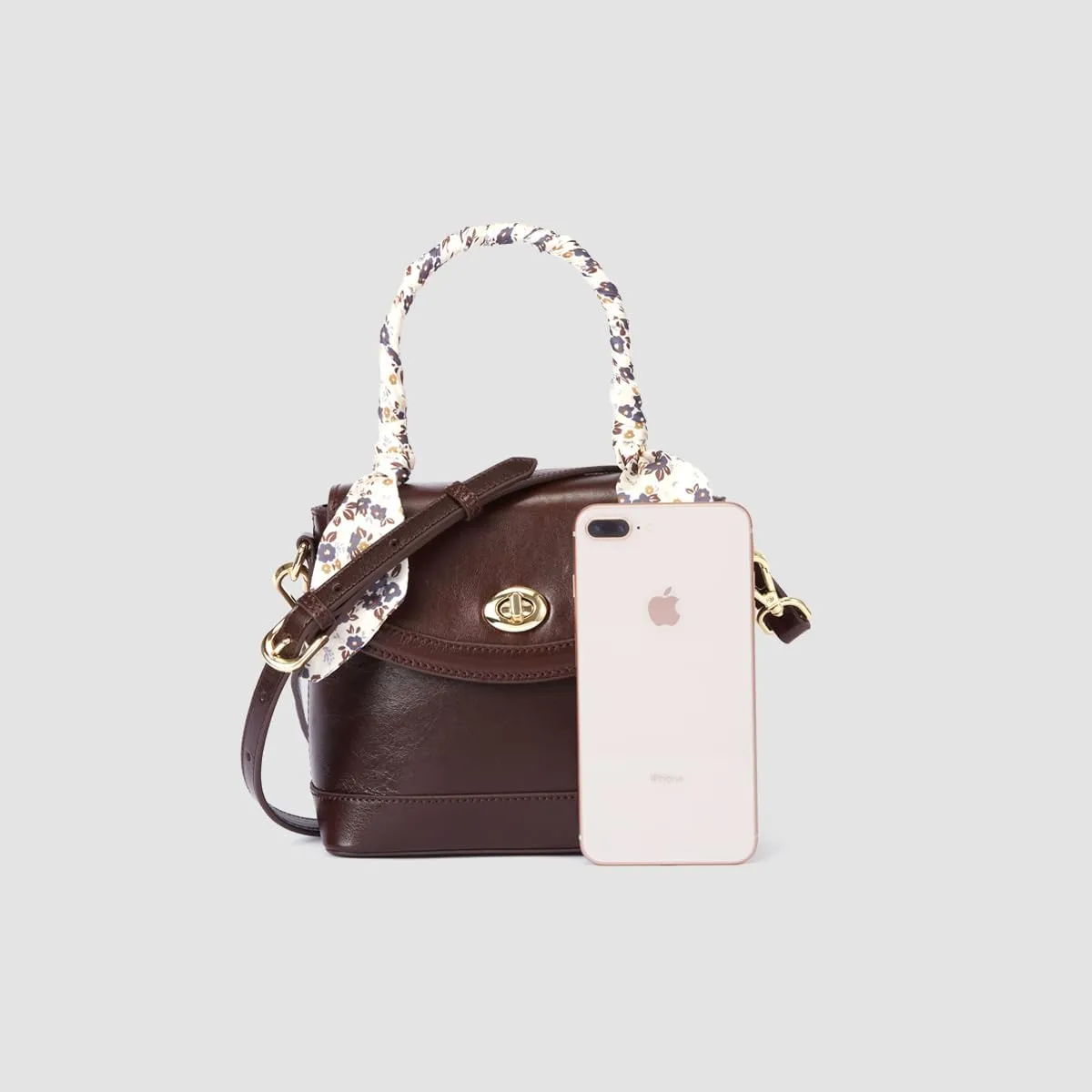 Genuine Leather Top-Handle Handbags Women: Vintage Crossbody Bag Buckle Shoulder Purse for Ladies with Floral Ribbon