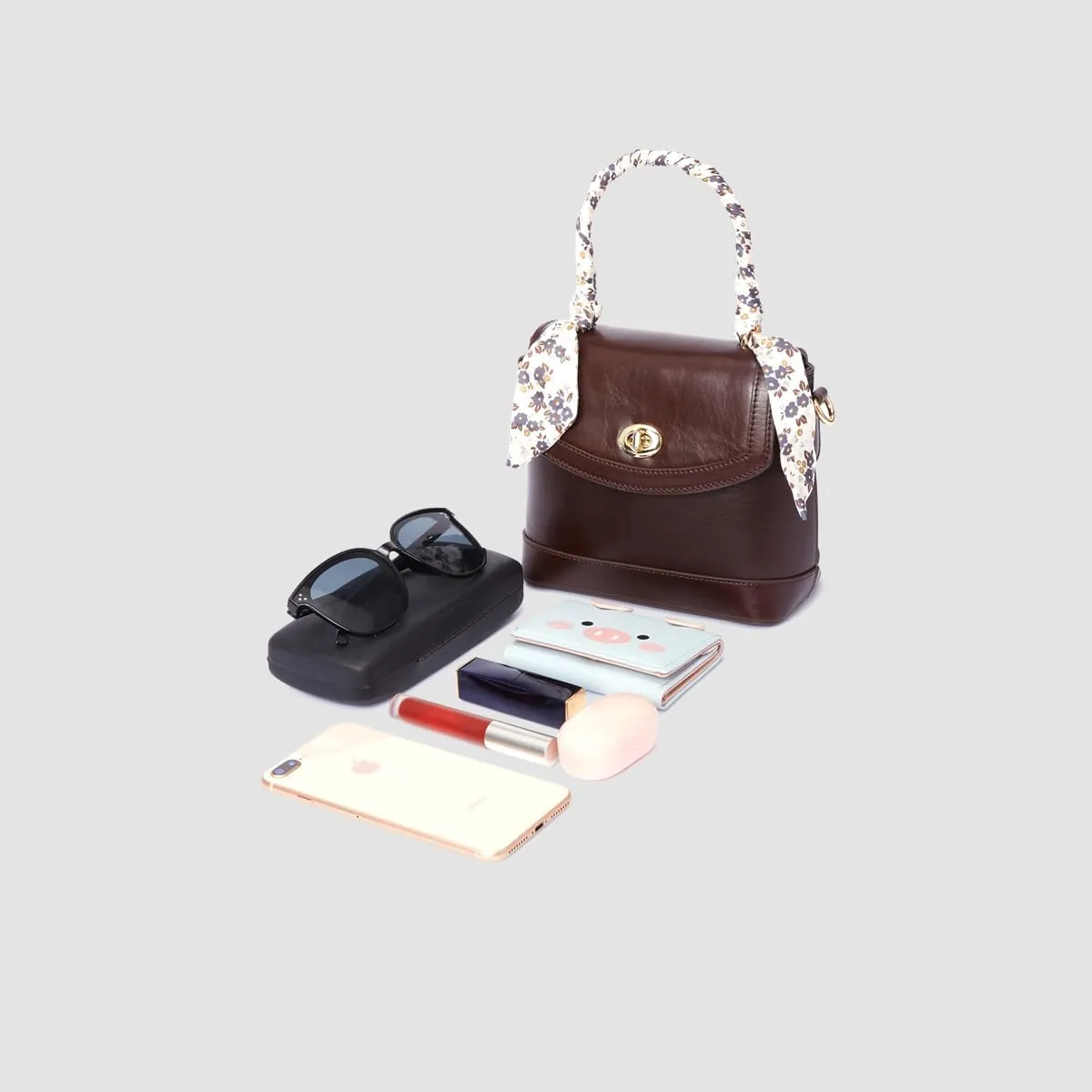Genuine Leather Top-Handle Handbags Women: Vintage Crossbody Bag Buckle Shoulder Purse for Ladies with Floral Ribbon