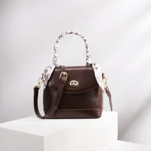 Genuine Leather Top-Handle Handbags Women: Vintage Crossbody Bag Buckle Shoulder Purse for Ladies with Floral Ribbon