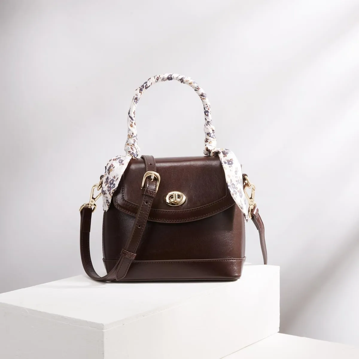 Genuine Leather Top-Handle Handbags Women: Vintage Crossbody Bag Buckle Shoulder Purse for Ladies with Floral Ribbon