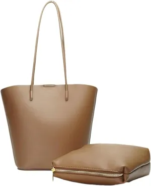 Genuine Leather Tote Bag for Women Large Bucket Shoulder Satchel Casual Work Purses Handbags with Top Handles 2pcs