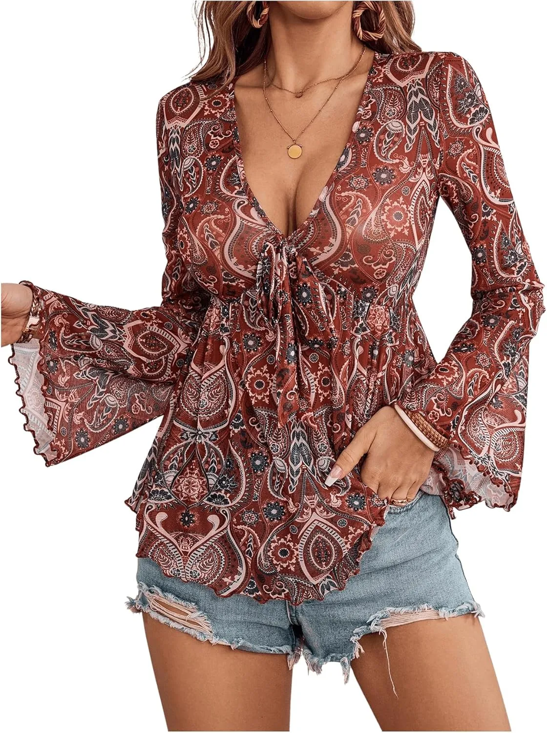 GORGLITTER Women's Bell Sleeve Tops Tie Front Sheer Mesh V Neck Ruffle Peplum Blouse Top