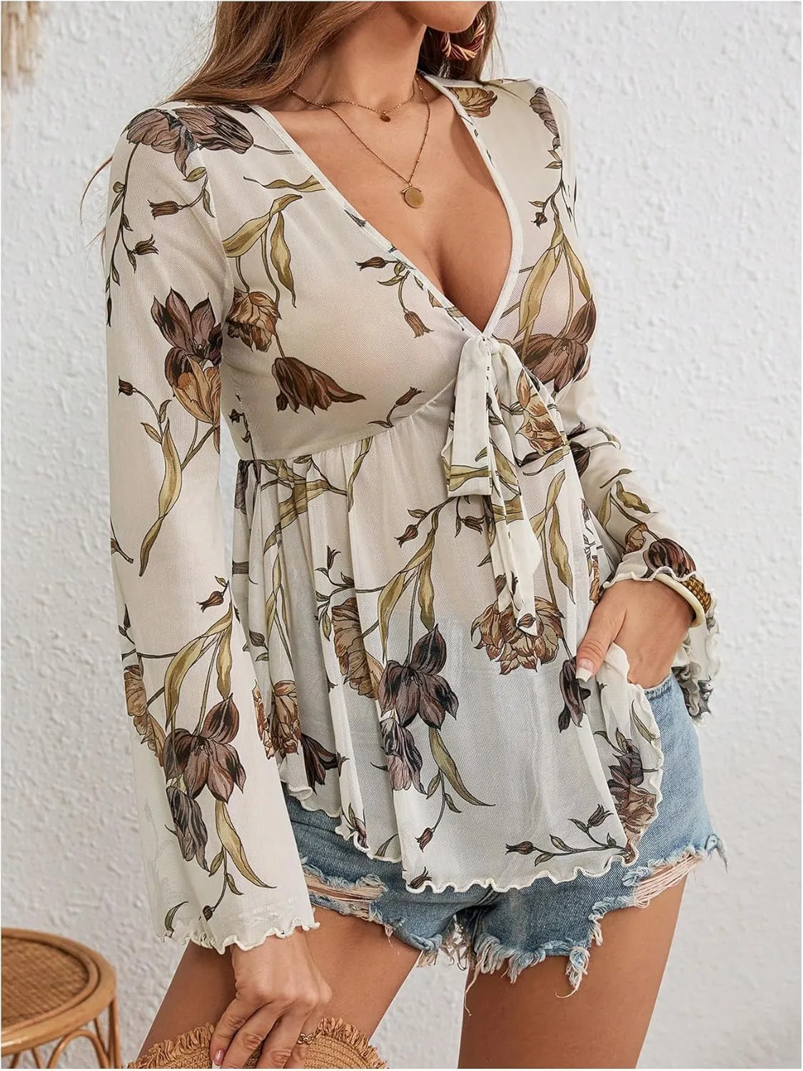 GORGLITTER Women's Bell Sleeve Tops Tie Front Sheer Mesh V Neck Ruffle Peplum Blouse Top