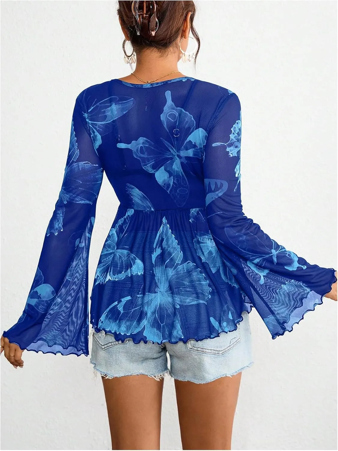 GORGLITTER Women's Bell Sleeve Tops Tie Front Sheer Mesh V Neck Ruffle Peplum Blouse Top