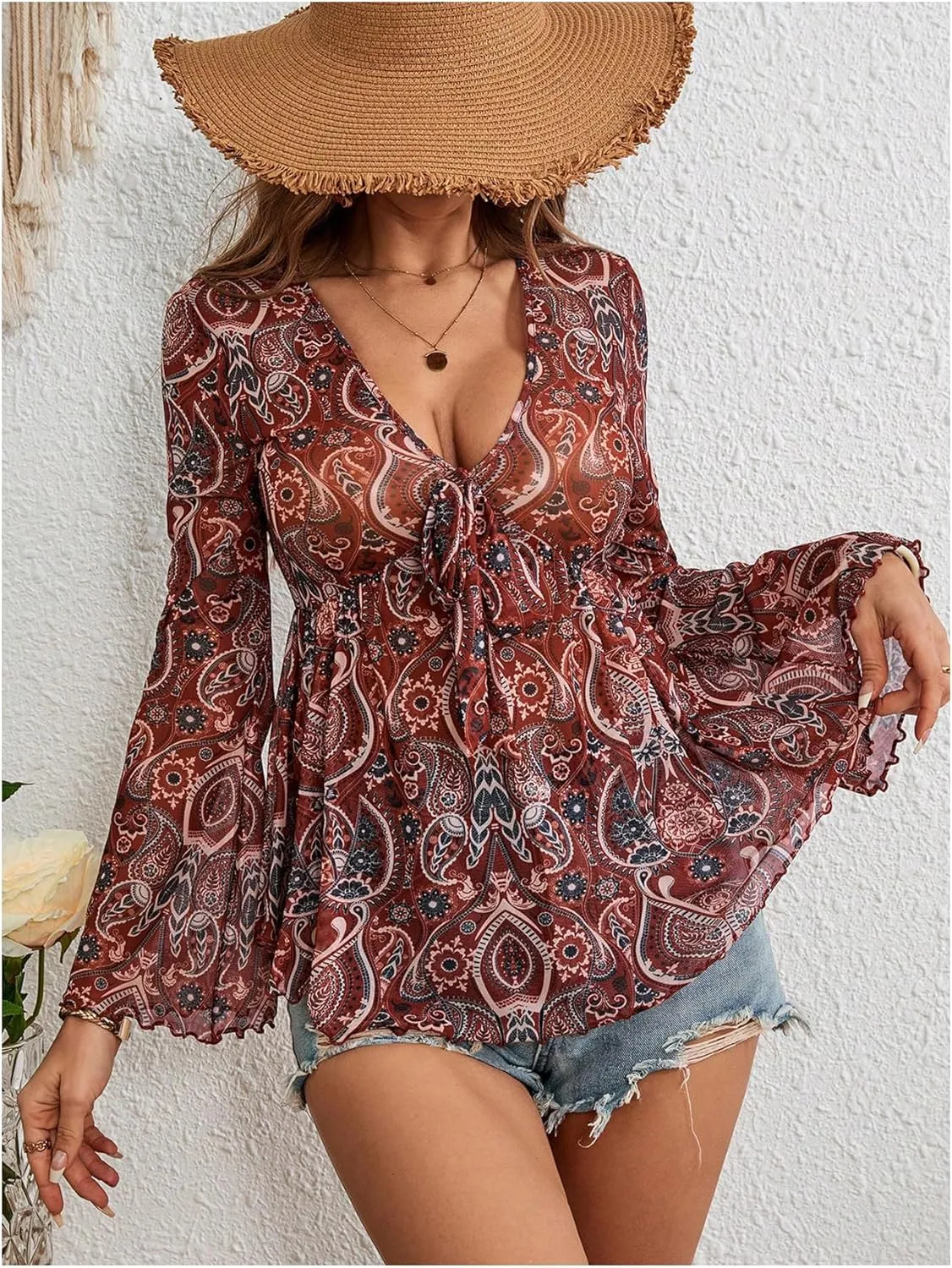 GORGLITTER Women's Bell Sleeve Tops Tie Front Sheer Mesh V Neck Ruffle Peplum Blouse Top