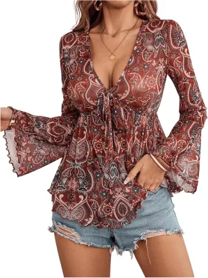 GORGLITTER Women's Bell Sleeve Tops Tie Front Sheer Mesh V Neck Ruffle Peplum Blouse Top