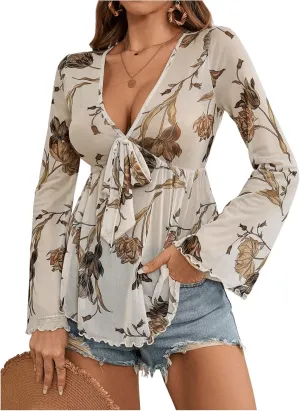 GORGLITTER Women's Bell Sleeve Tops Tie Front Sheer Mesh V Neck Ruffle Peplum Blouse Top