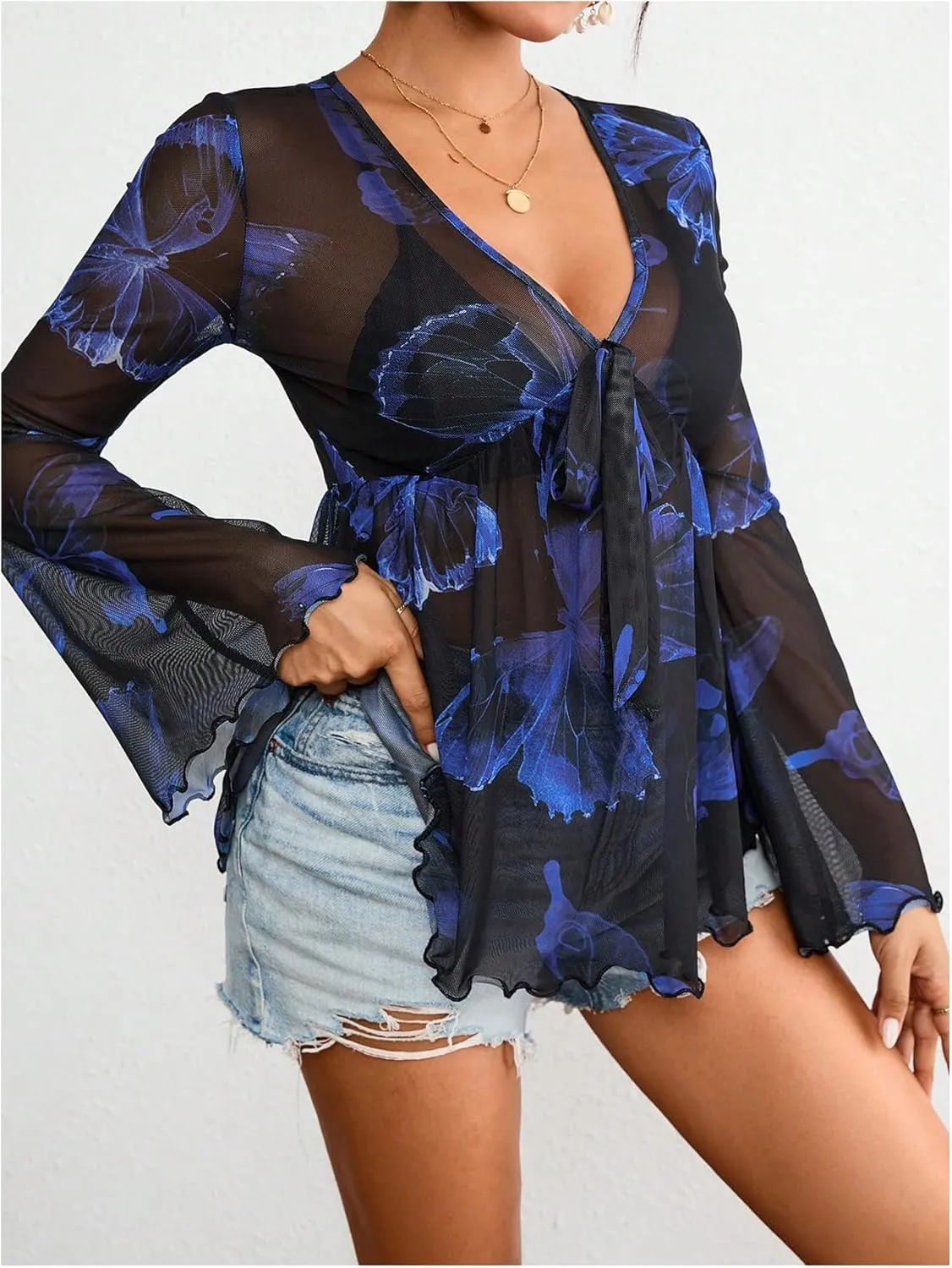 GORGLITTER Women's Bell Sleeve Tops Tie Front Sheer Mesh V Neck Ruffle Peplum Blouse Top