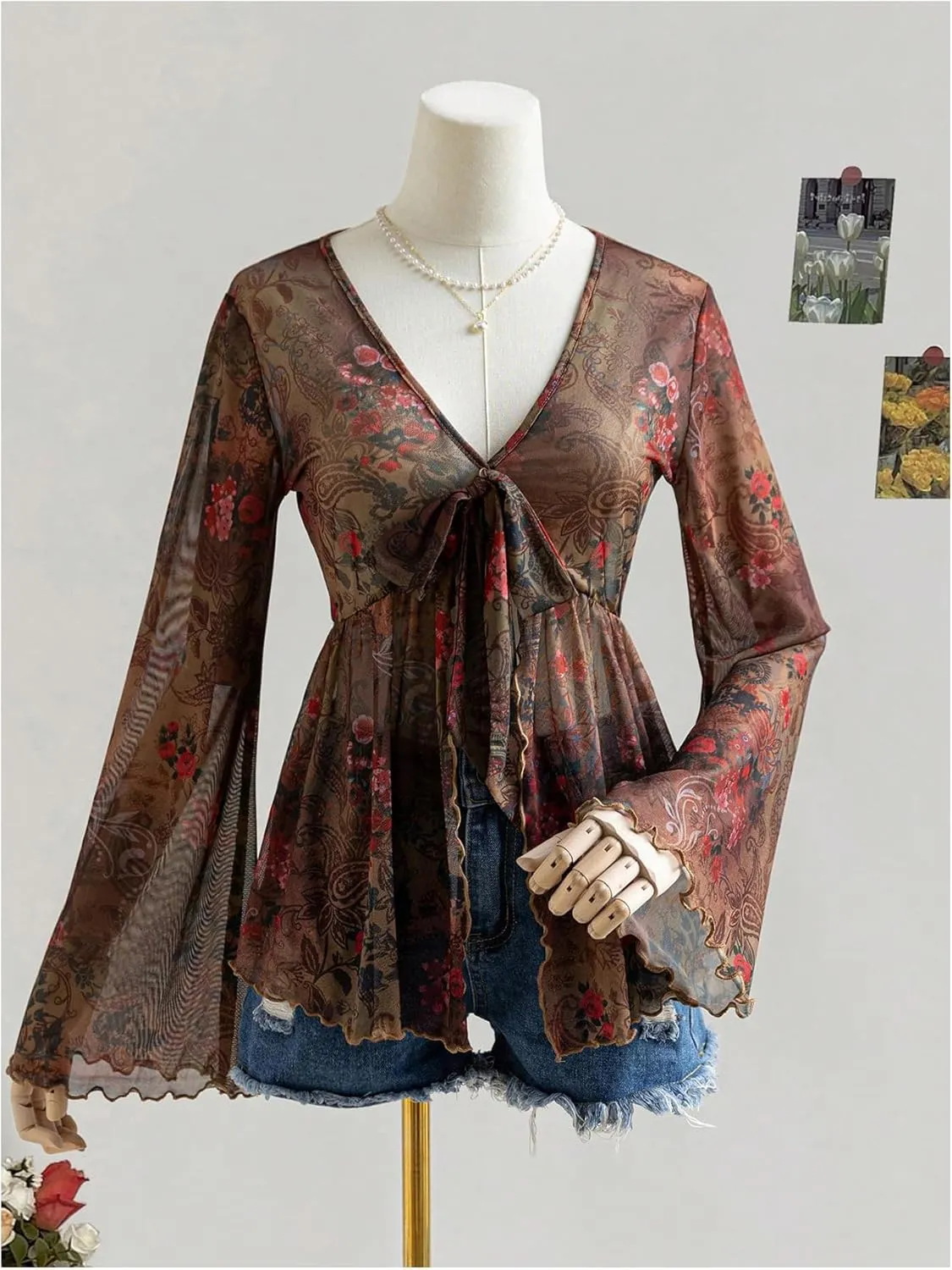 GORGLITTER Women's Bell Sleeve Tops Tie Front Sheer Mesh V Neck Ruffle Peplum Blouse Top