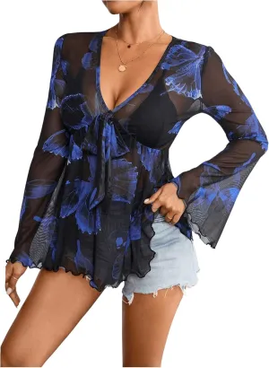 GORGLITTER Women's Bell Sleeve Tops Tie Front Sheer Mesh V Neck Ruffle Peplum Blouse Top
