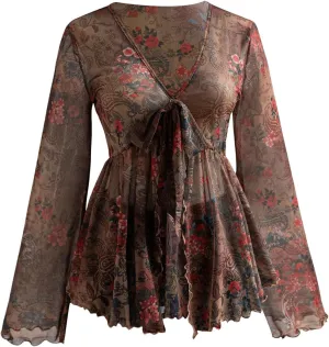 GORGLITTER Women's Bell Sleeve Tops Tie Front Sheer Mesh V Neck Ruffle Peplum Blouse Top