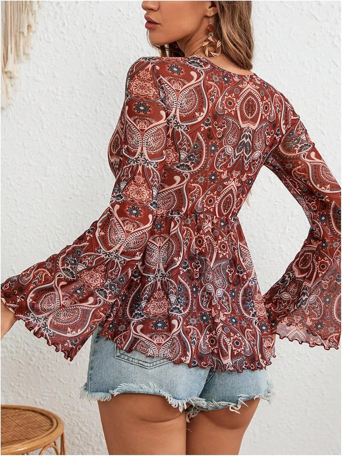 GORGLITTER Women's Bell Sleeve Tops Tie Front Sheer Mesh V Neck Ruffle Peplum Blouse Top