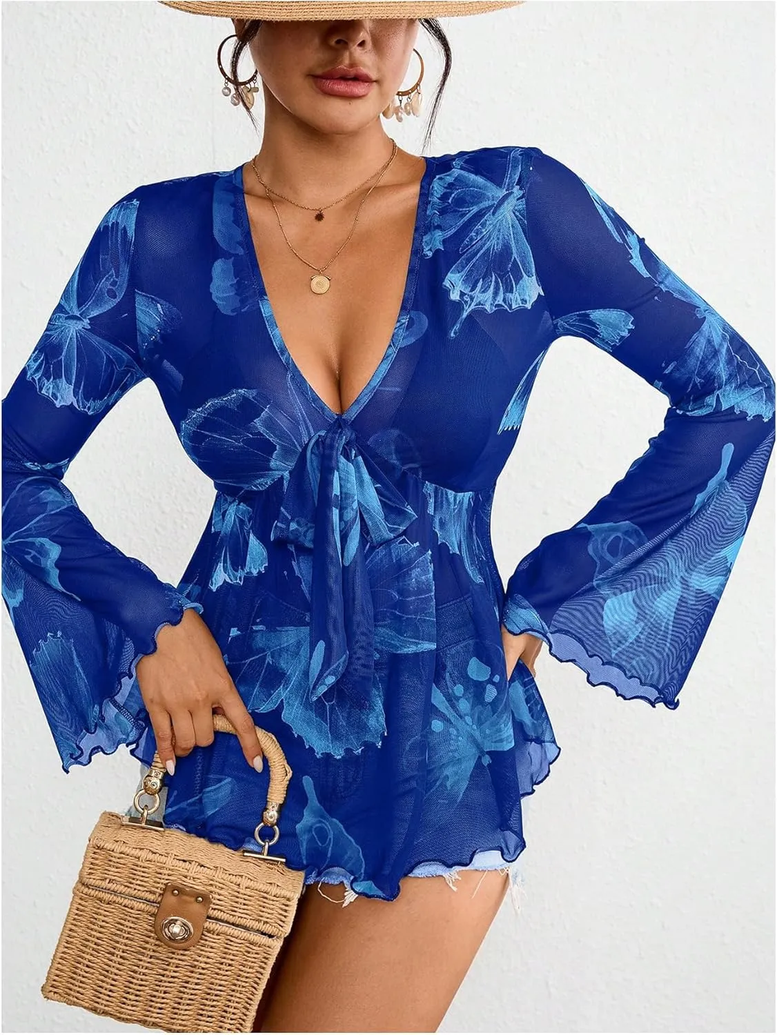 GORGLITTER Women's Bell Sleeve Tops Tie Front Sheer Mesh V Neck Ruffle Peplum Blouse Top