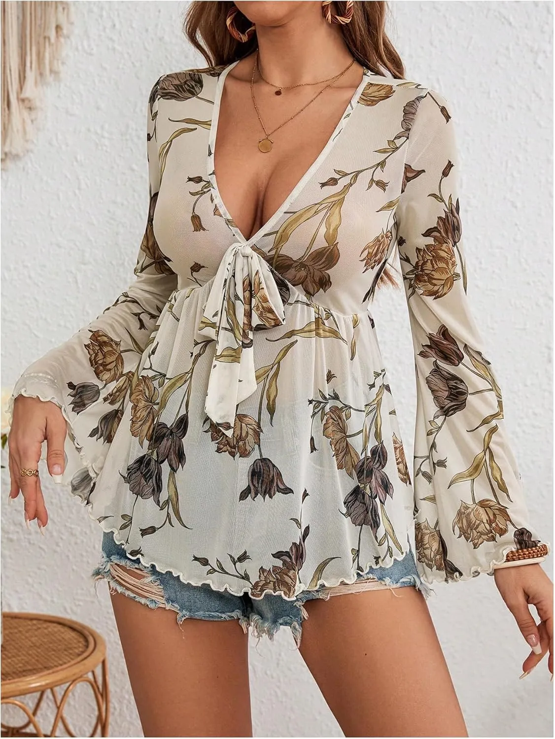 GORGLITTER Women's Bell Sleeve Tops Tie Front Sheer Mesh V Neck Ruffle Peplum Blouse Top