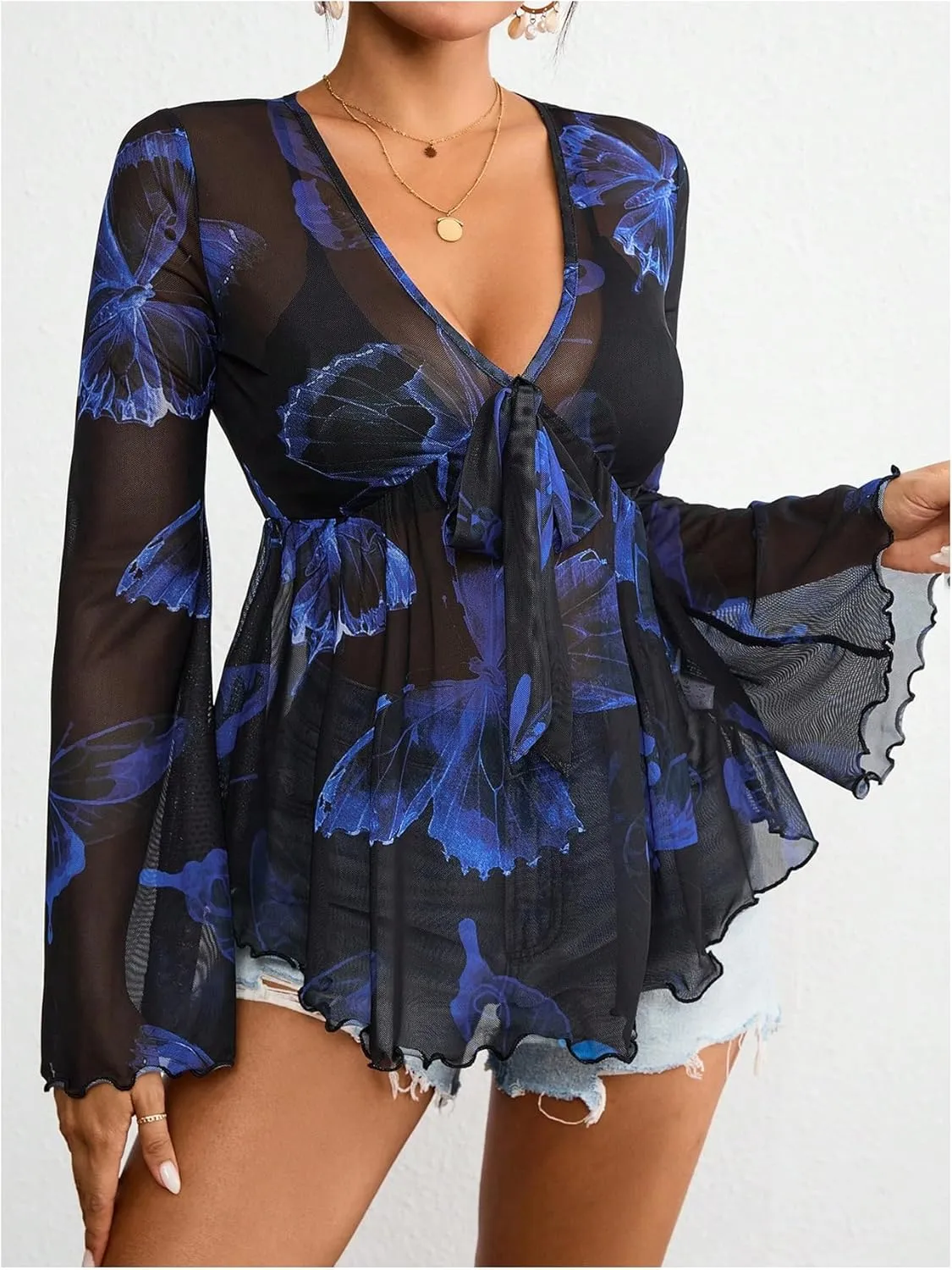 GORGLITTER Women's Bell Sleeve Tops Tie Front Sheer Mesh V Neck Ruffle Peplum Blouse Top