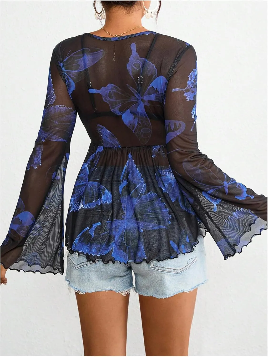 GORGLITTER Women's Bell Sleeve Tops Tie Front Sheer Mesh V Neck Ruffle Peplum Blouse Top