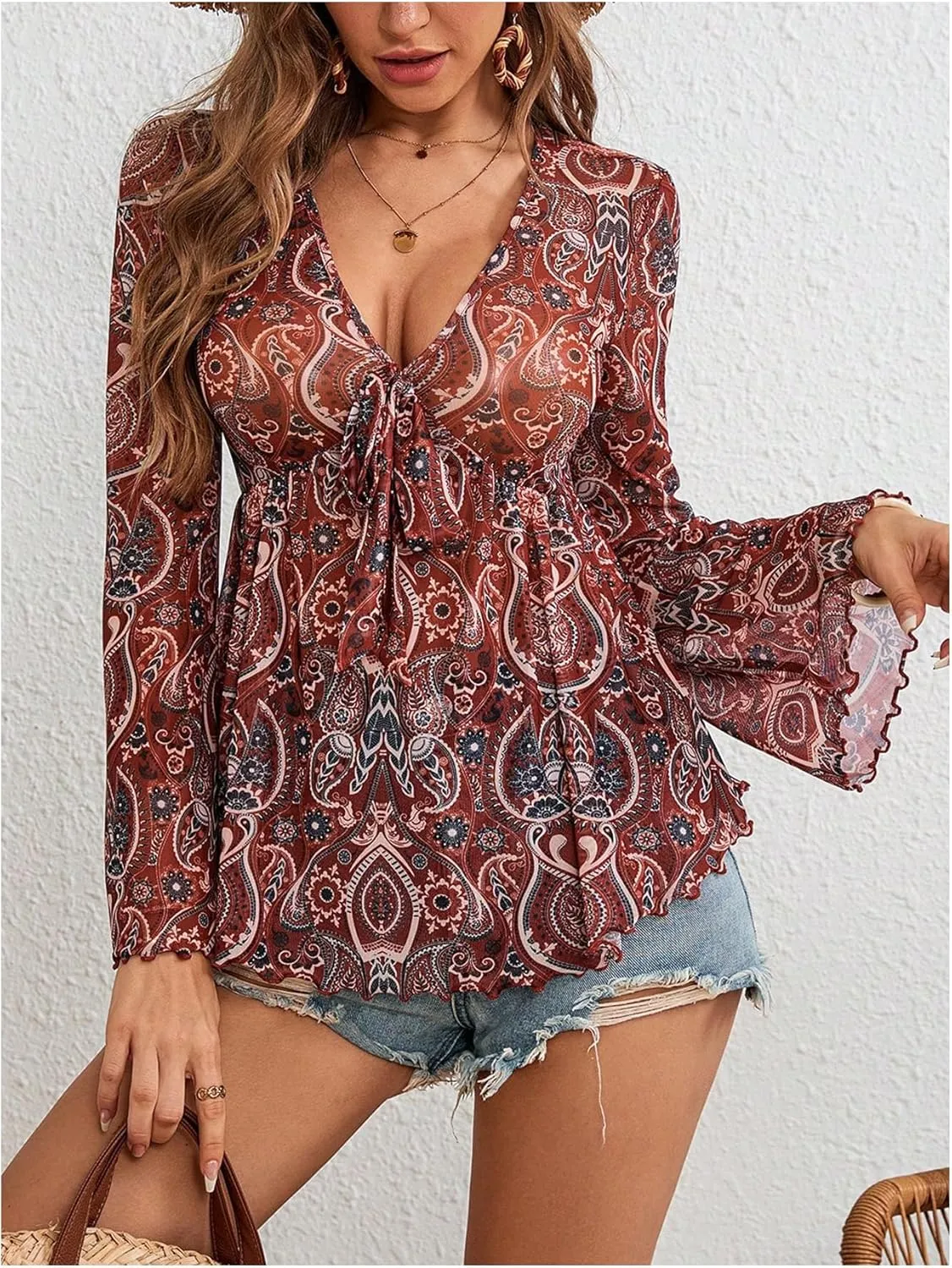 GORGLITTER Women's Bell Sleeve Tops Tie Front Sheer Mesh V Neck Ruffle Peplum Blouse Top