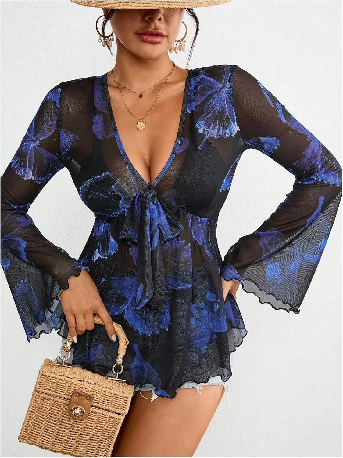 GORGLITTER Women's Bell Sleeve Tops Tie Front Sheer Mesh V Neck Ruffle Peplum Blouse Top