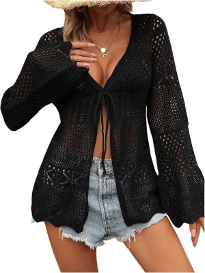 GORGLITTER Women's Crochet Tie Front Cardigan Sweaters Sheer Hollow Out Kimono Cardigans
