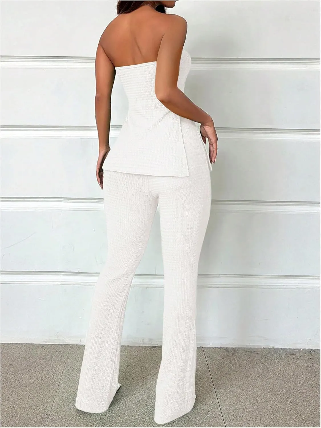 GORGLITTER Women's Flared Pants Set 2 Piece Summer Outfits Strapless Backless Tube Tops and High Waisted Bell Bottoms