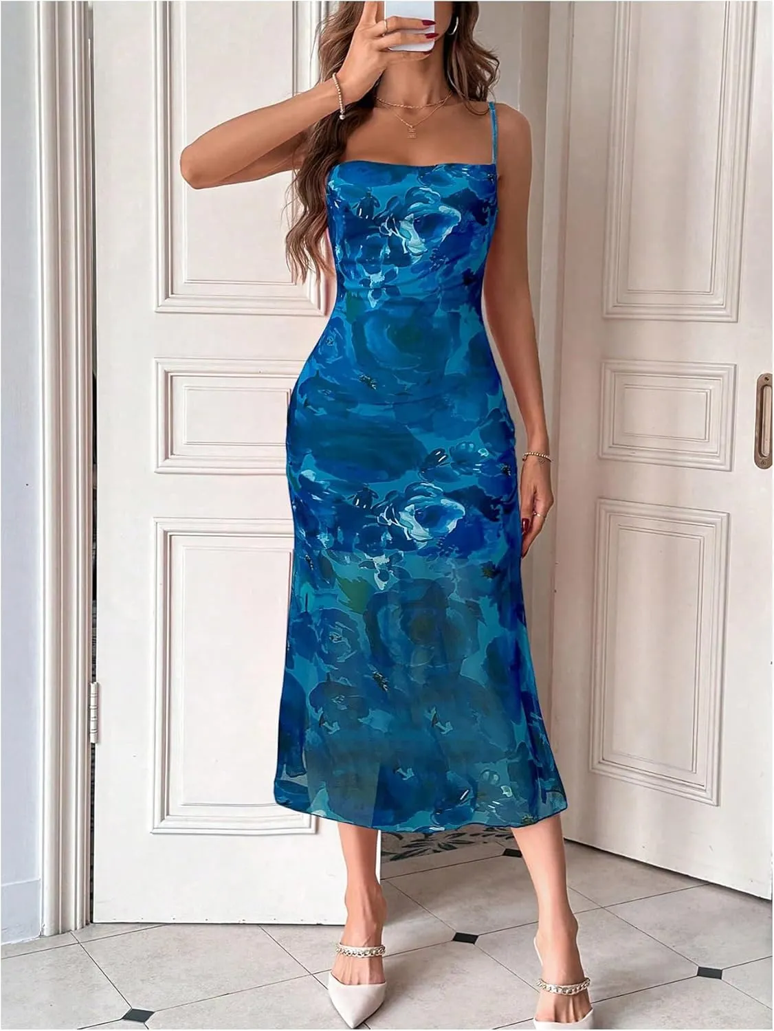 GORGLITTER Women's Floral Ruched Bodycon Midi Dress Mesh Fishtail Summer Wedding Guest Cocktail Going Out Dresses 2025