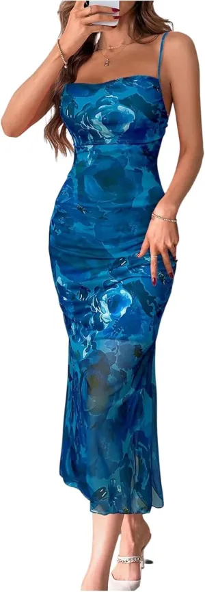 GORGLITTER Women's Floral Ruched Bodycon Midi Dress Mesh Fishtail Summer Wedding Guest Cocktail Going Out Dresses 2025