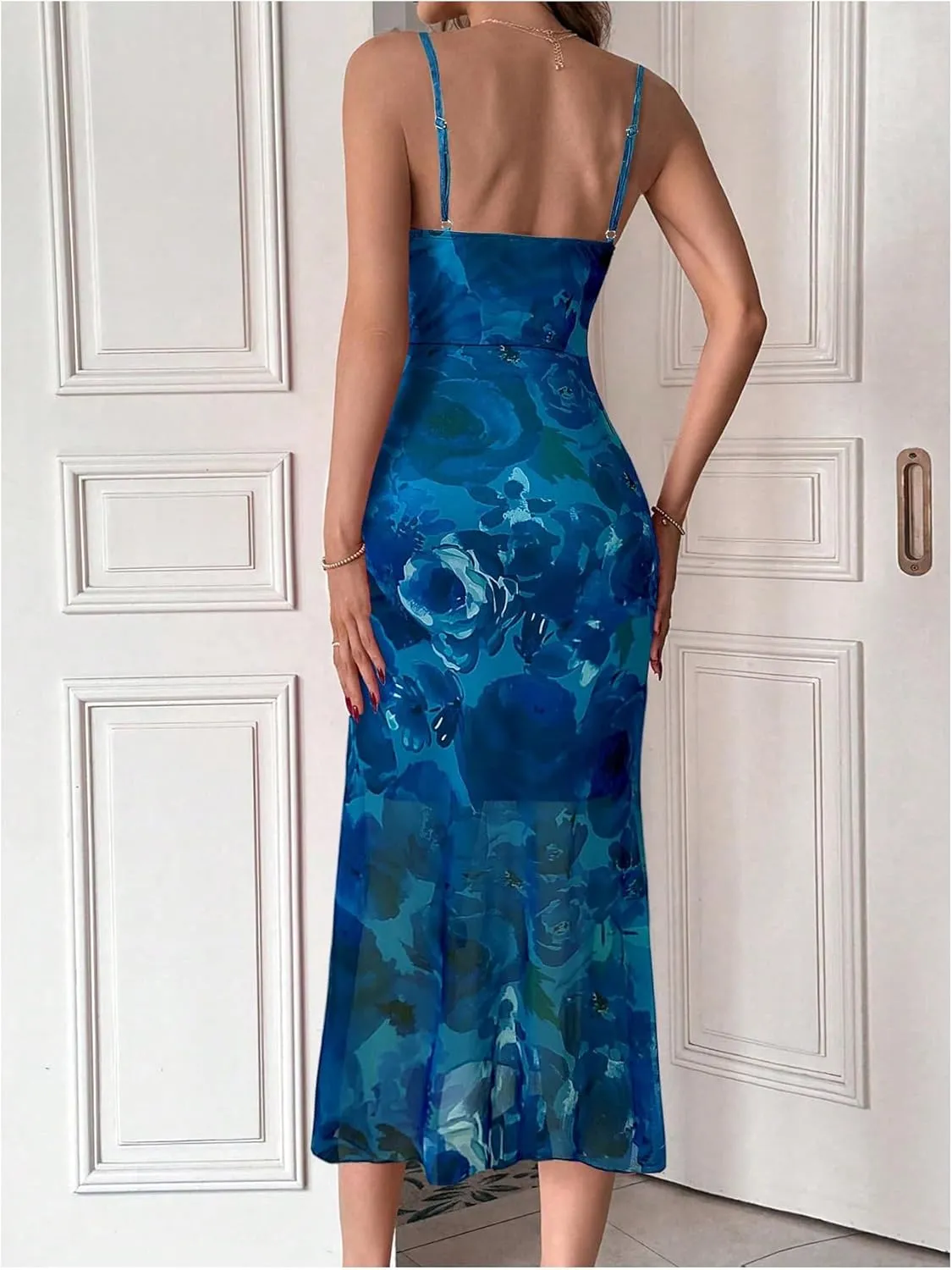 GORGLITTER Women's Floral Ruched Bodycon Midi Dress Mesh Fishtail Summer Wedding Guest Cocktail Going Out Dresses 2025