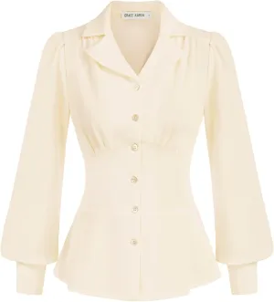 GRACE KARIN Button Down Shirts for Women Summer Peplum Tops Long Sleeve Work Blouse Collared Shirt Dressy Top