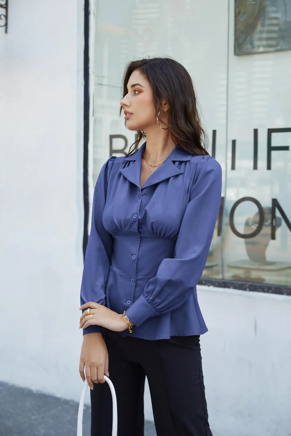 GRACE KARIN Button Down Shirts for Women Summer Peplum Tops Long Sleeve Work Blouse Collared Shirt Dressy Top