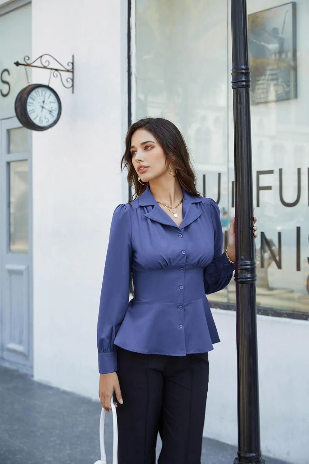 GRACE KARIN Button Down Shirts for Women Summer Peplum Tops Long Sleeve Work Blouse Collared Shirt Dressy Top