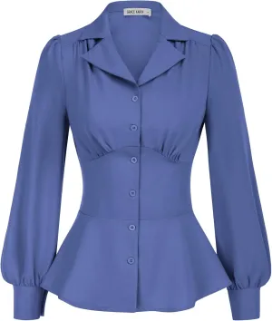 GRACE KARIN Button Down Shirts for Women Summer Peplum Tops Long Sleeve Work Blouse Collared Shirt Dressy Top