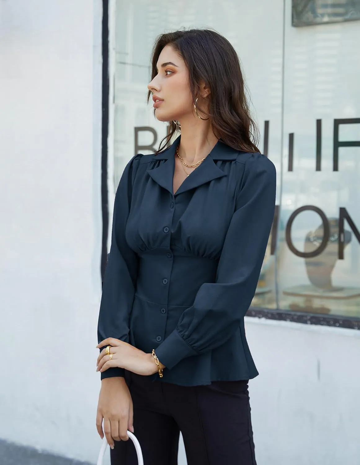 GRACE KARIN Button Down Shirts for Women Summer Peplum Tops Long Sleeve Work Blouse Collared Shirt Dressy Top