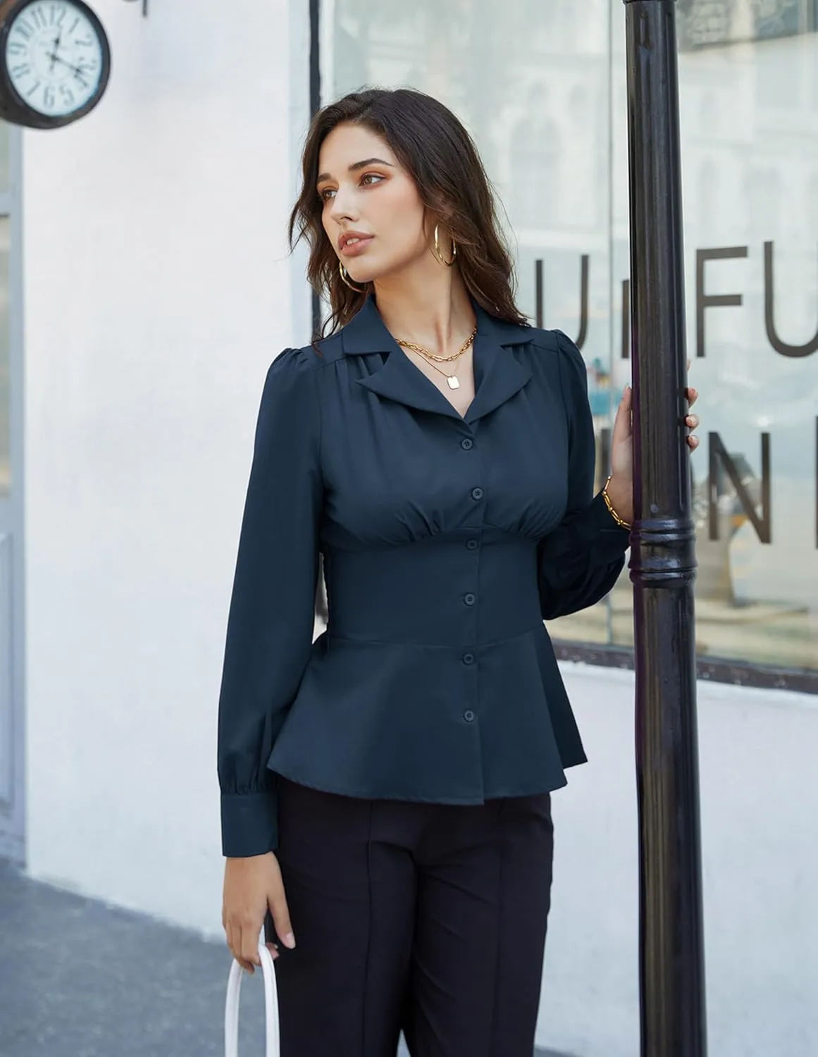 GRACE KARIN Button Down Shirts for Women Summer Peplum Tops Long Sleeve Work Blouse Collared Shirt Dressy Top