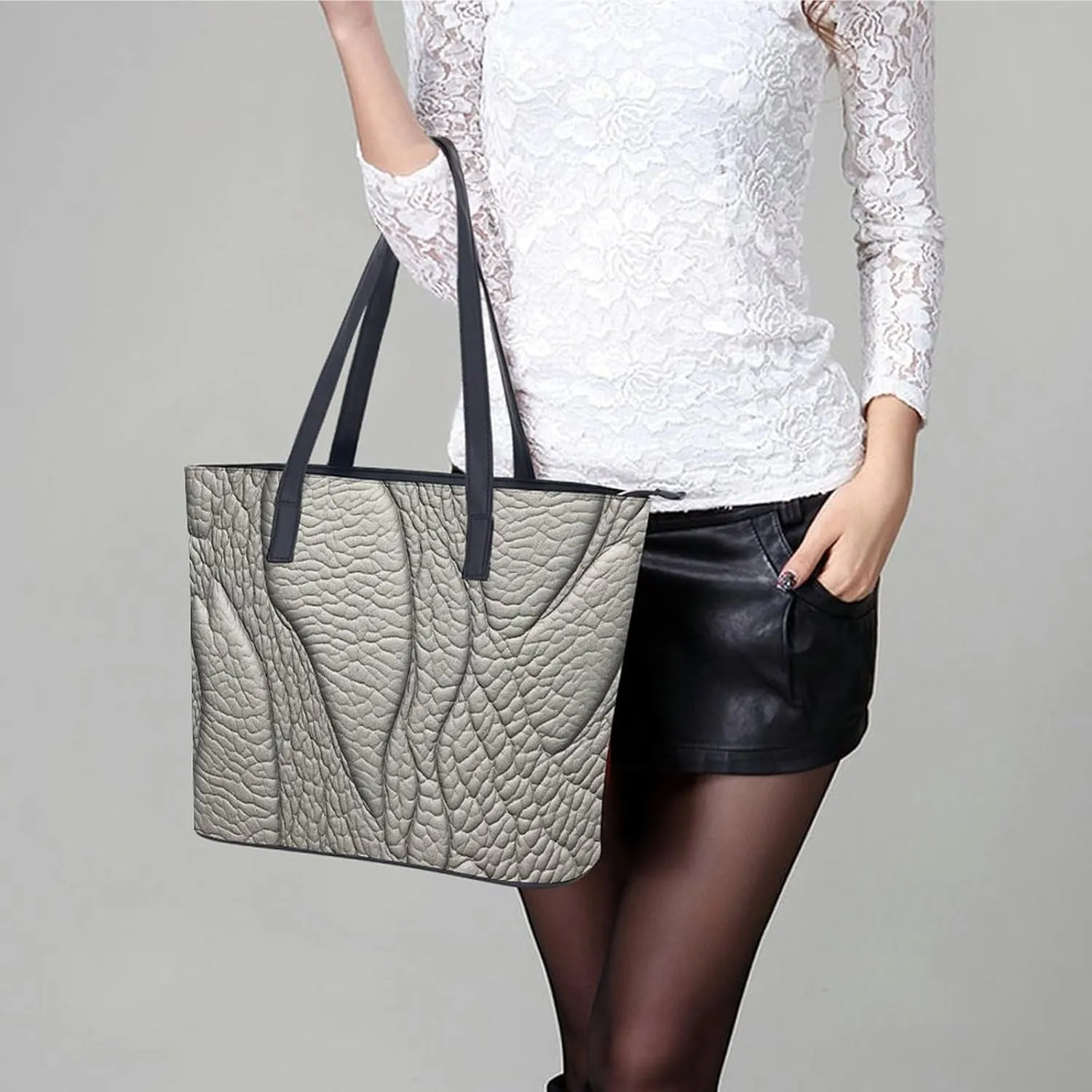 Gray Leather Bag Purse Handbag for Women Top Handle Satchel Shoulder with Zipper Tote Bags Large