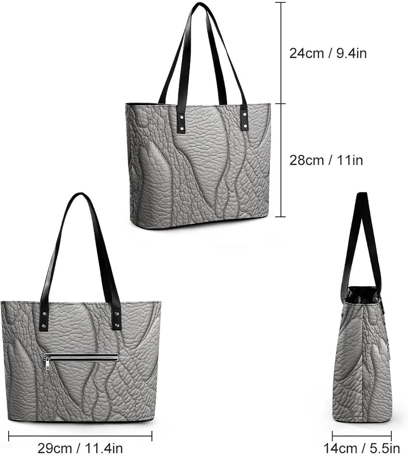 Gray Leather Bag Purse Handbag for Women Top Handle Satchel Shoulder with Zipper Tote Bags Large