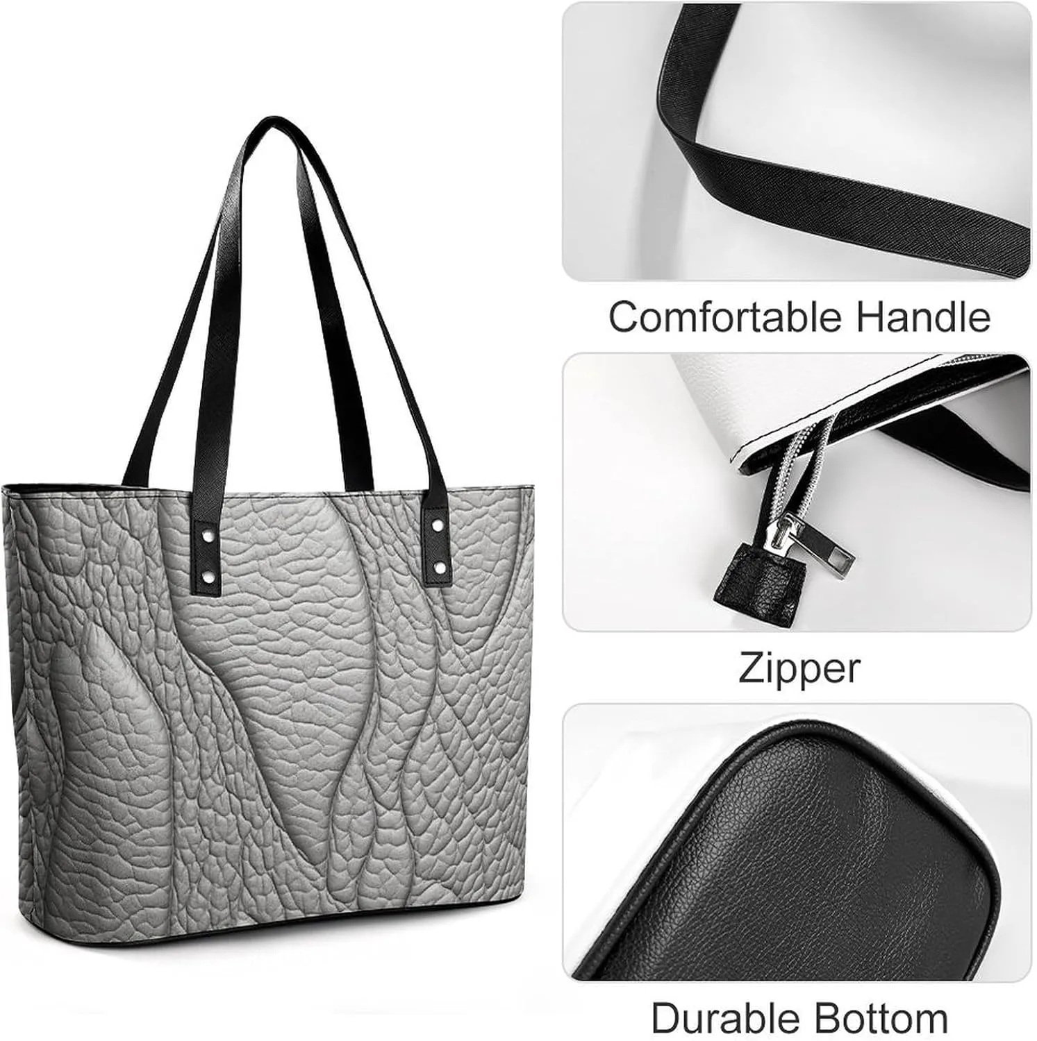 Gray Leather Bag Purse Handbag for Women Top Handle Satchel Shoulder with Zipper Tote Bags Large