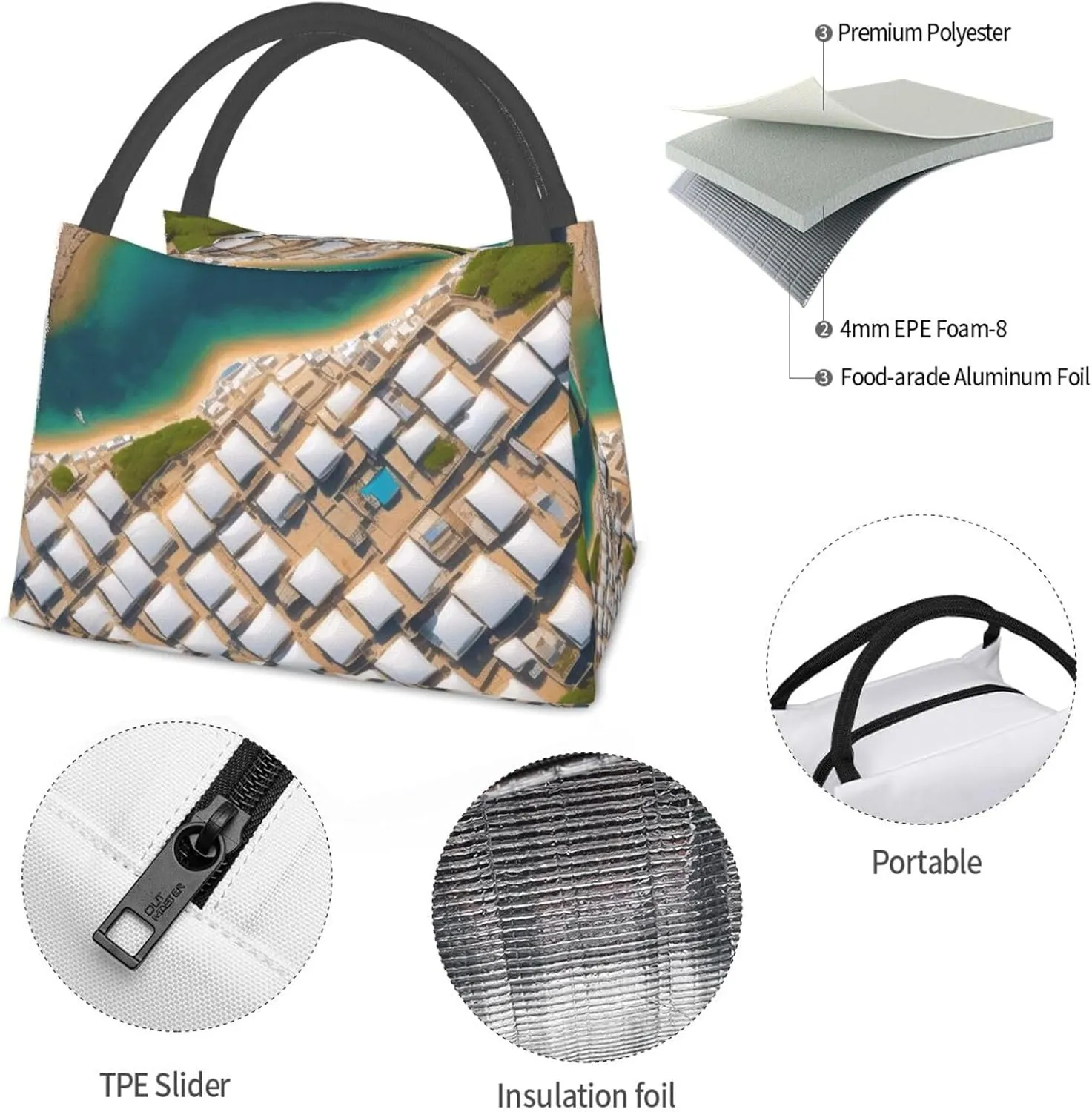 Greek Architecture Printed Patterns Lunch Bag For Women & Men Insulated Lunch Tote Bag Reusable Lunch Boxes For Work Travel Picnic