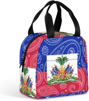 Haiti-Flag Paisley Pattern Funny Reusable Lunch Bag Insulated Tote Box Cooler Food Handbags Case For Women Men 8.5 X 8 X 5 Inches