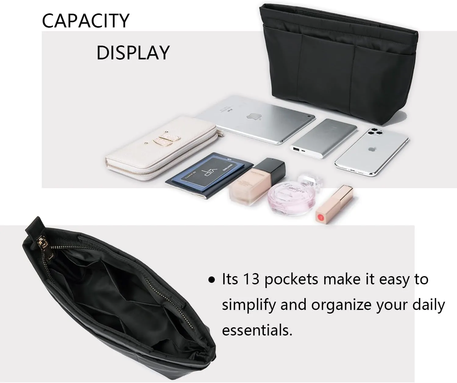 Handbag Organizer Insert Bag Tote Shaper Bag Large Purse Organizer Insert Lightweight & Durable Nylon inner bag (M, black)