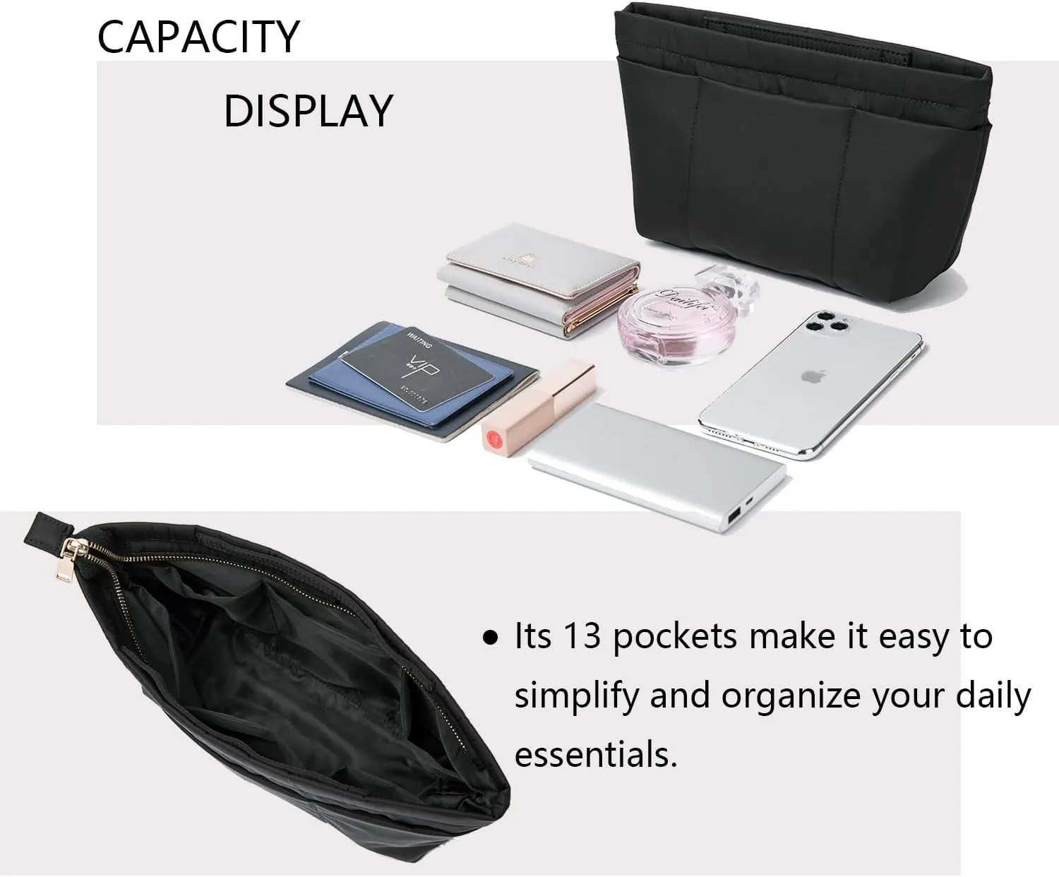 Handbag Organizer Insert Bag Tote Shaper Bag- Large Purse Organizer Insert - Lightweight & Durable - Nylon inner bag (S, black)