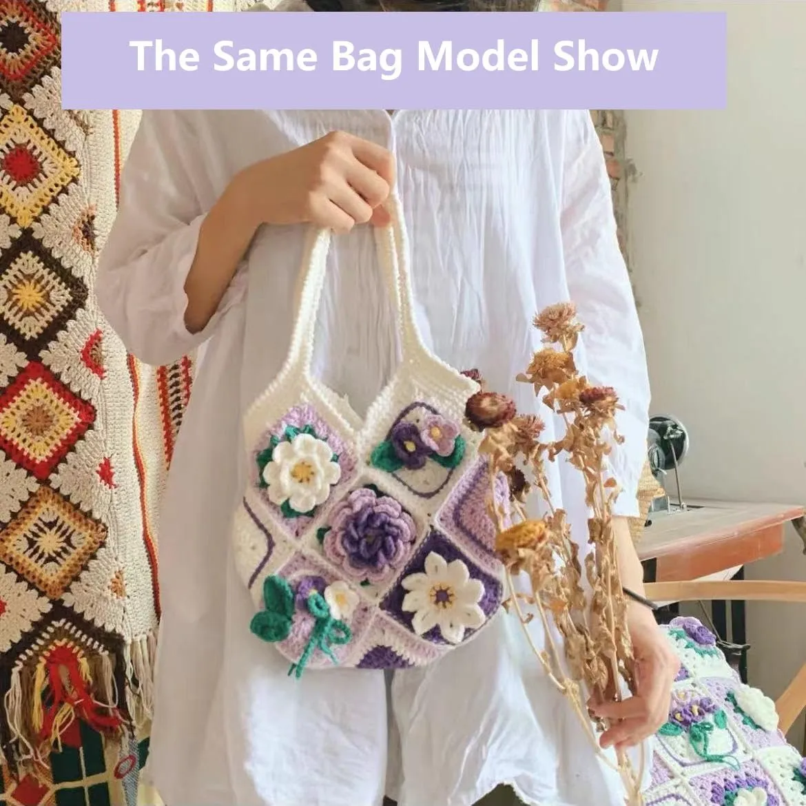 Handmade Purses and Handbags for Women, Handmade Wisteria Flower Shoulder Bags for Women, Crochet Tote Handbag Shoulder Bags (Pink)