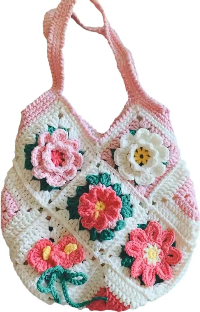 Handmade Purses and Handbags for Women, Handmade Wisteria Flower Shoulder Bags for Women, Crochet Tote Handbag Shoulder Bags (Pink)