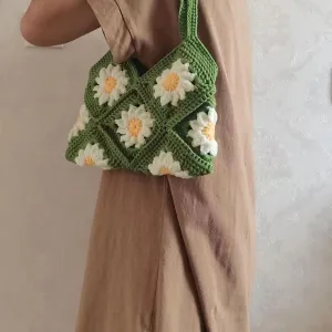Handmade Purses and Handbags for Women, Knitted Sunflower Shoulder Bags for Women, Crochet Tote Handbag Shoulder Bags (Green)