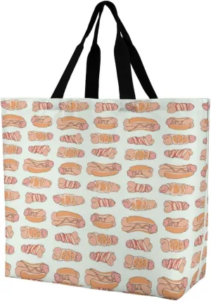 Happy Penis Dick Sweet Bacon Wrapped Travel Tote Bag Reusable Shoulder Grocery Shopping Bags Handbag for Women Men Gifts