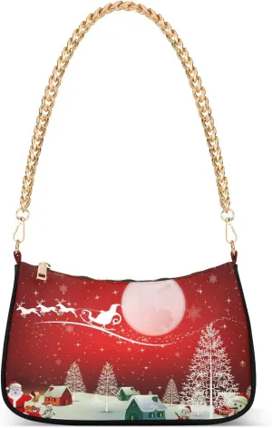 Happy Snowman Santa Clause Shoulder Bag for Women Hobo Tote Handbag Gold Chain Crossbody Bag with Zipper Clutch Purse Handbags