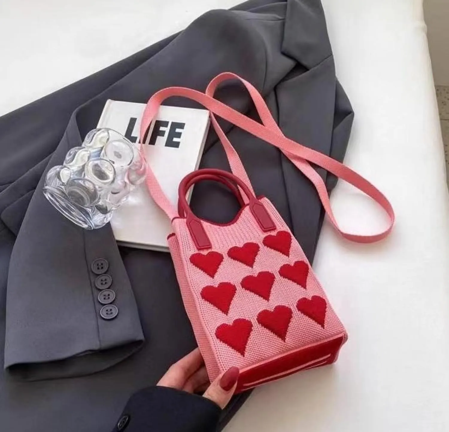 Heart Crochet Phone Bag Tote Bag Cute Purse for Women Valentines Aesthetic Handbags for Women