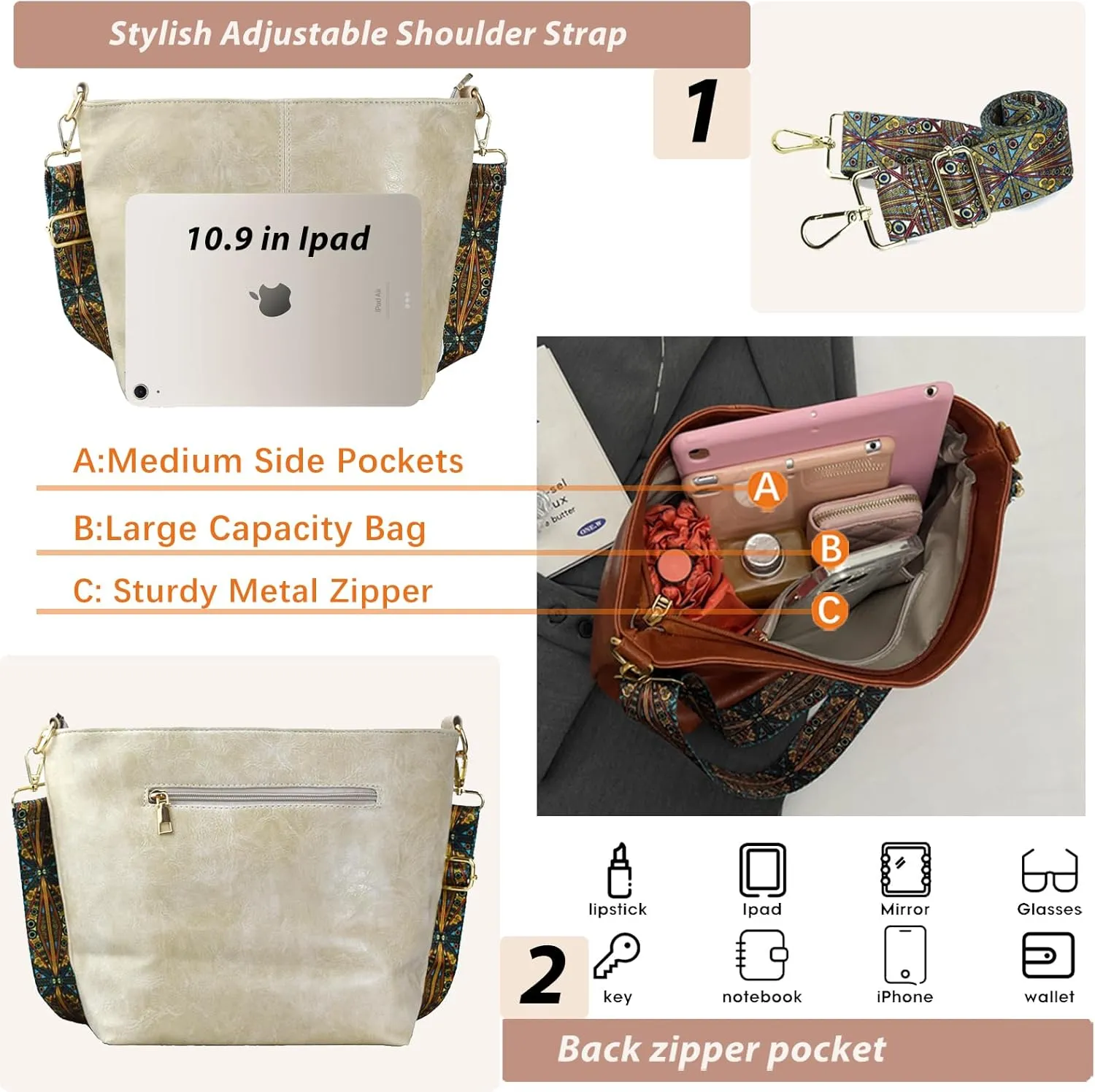 Hobo Bags Vegan Leather Crossbody Bag Guitar Strap Shoulder Purses with Zipper Handbags for Women